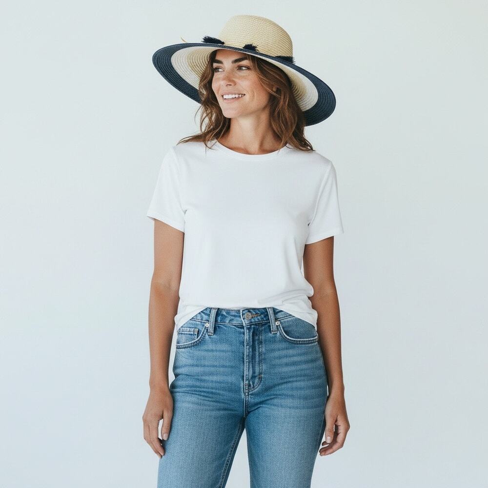 Quagga Green Label Blue White Beige, stylish, wide-brimmed paper straw sun hat